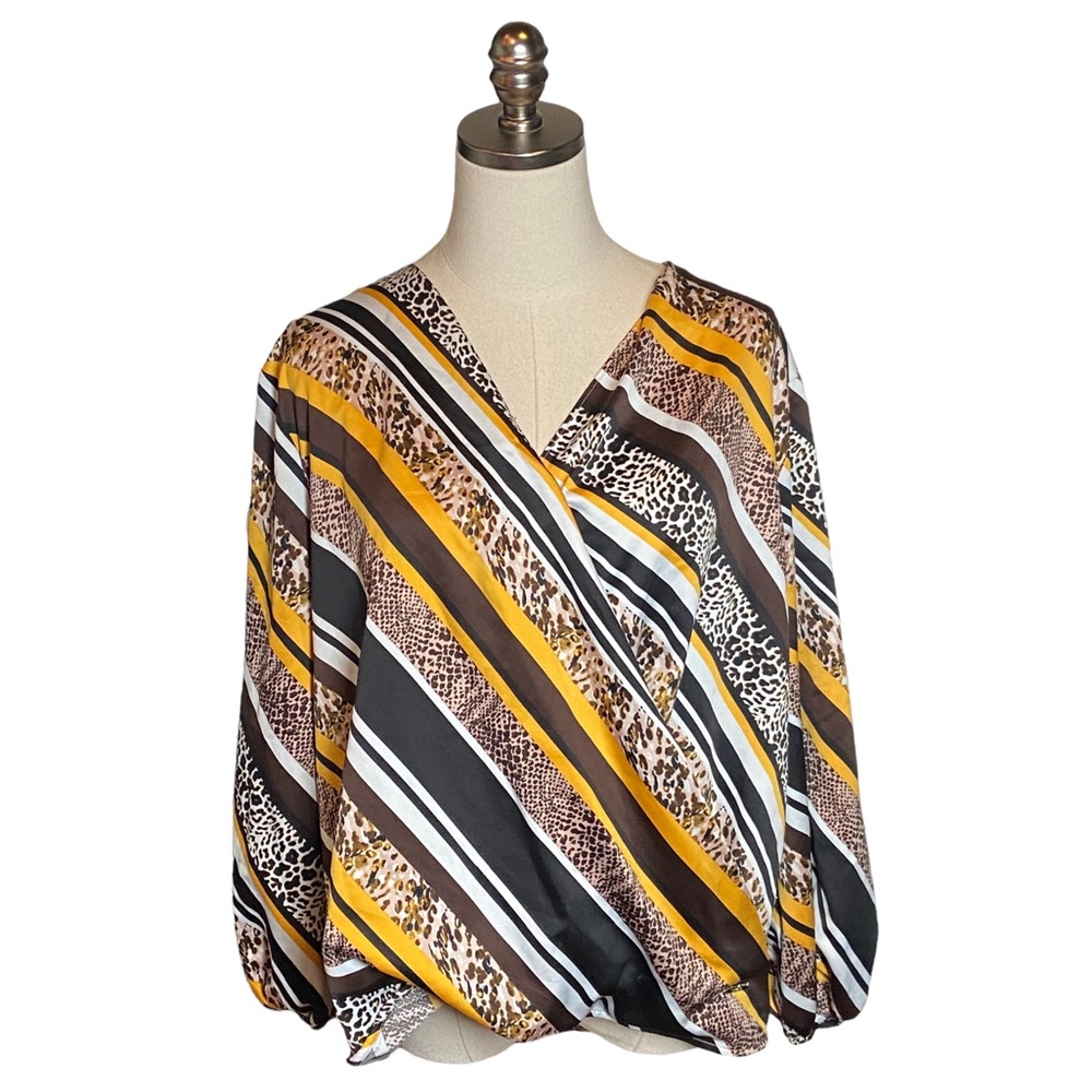 Andrew Marc New York Faux Wrap Blouse Blouson Animal Print Yellow Black
